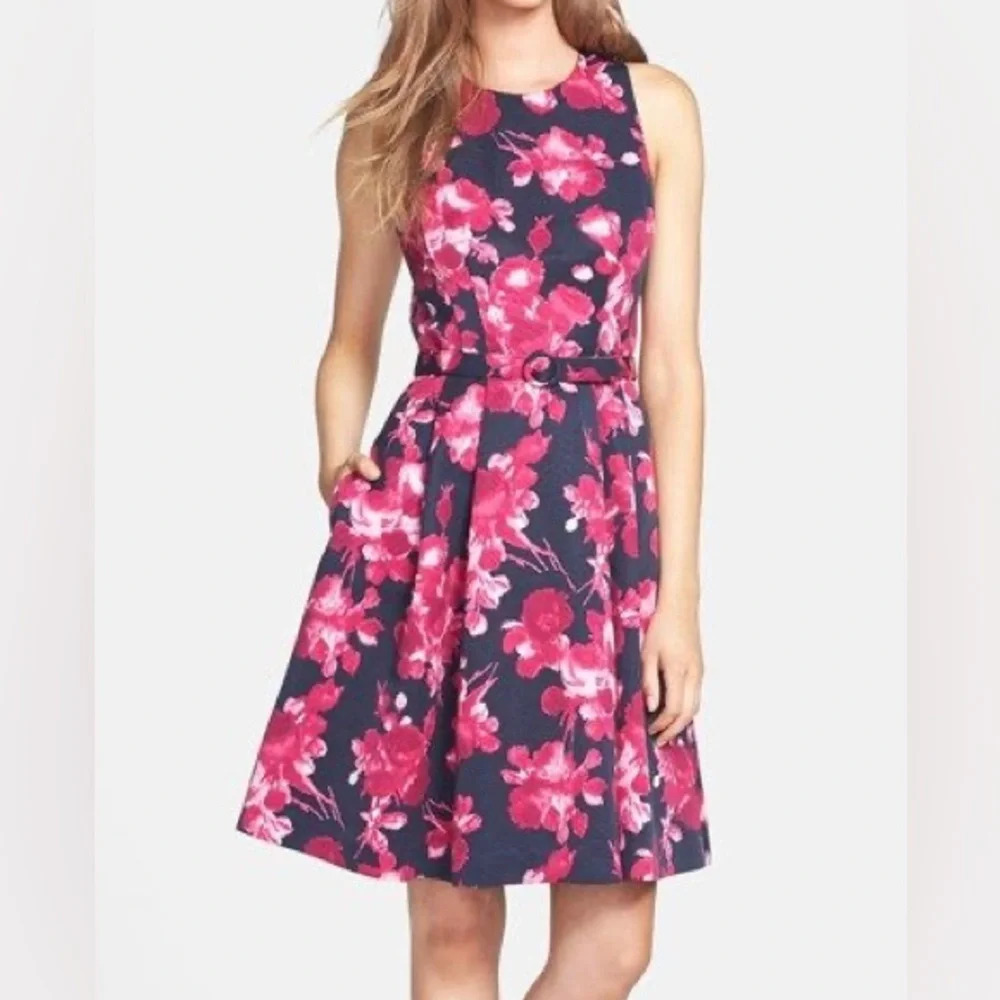 Eliza J. Floral Print Faille Fit & Flare Sleeveless Belted Dress - Size 4